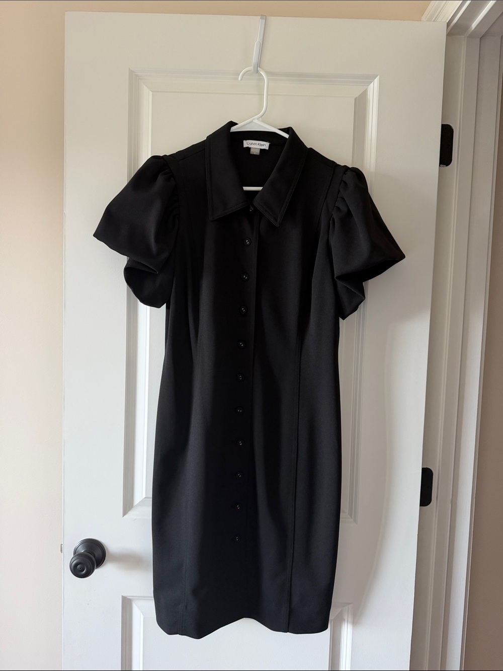 Calvin Klein Black Puff-Sleeve Button-Front Dress